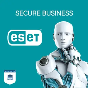 تصویر ربات eset بر روی یک صفحه سبز آبی (رنگ eset) مربوط به محصول secure business