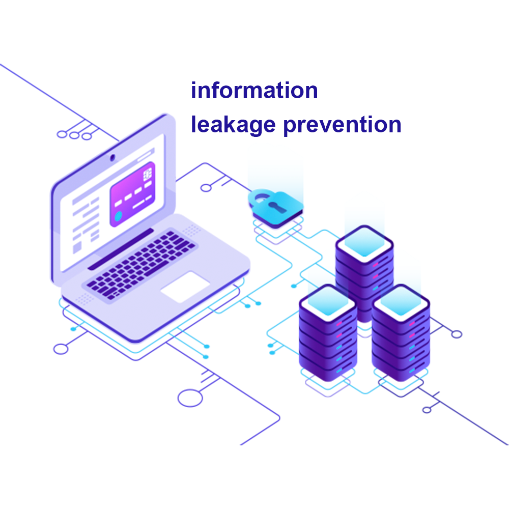 یک تصویر که روی آن گرافیکی از لپ تاپ و مرکز داده است به رنگ بنفش و روی آن نوشته شده information leakage prevention