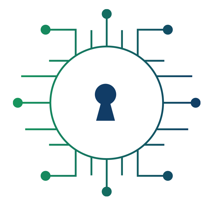 Icon of a circular white lock with a keyhole symbol in the center, surrounded by network-like lines and dots extending outward, symbolizing digital security and connectivity راهکارهای امنیت شبکه