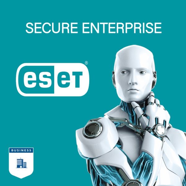 تصویر ربات eset بر روی یک صفحه سبز آبی رنگ مربوط به محصول eset secure enterprise