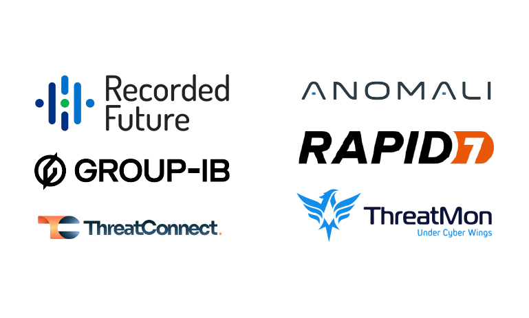 لوگوهای پلتفرم‌های برتر هوش تهدید مانند Recorded Future، Group-IB، ThreatConnect، Anomali، Rapid7 و ThreatMon