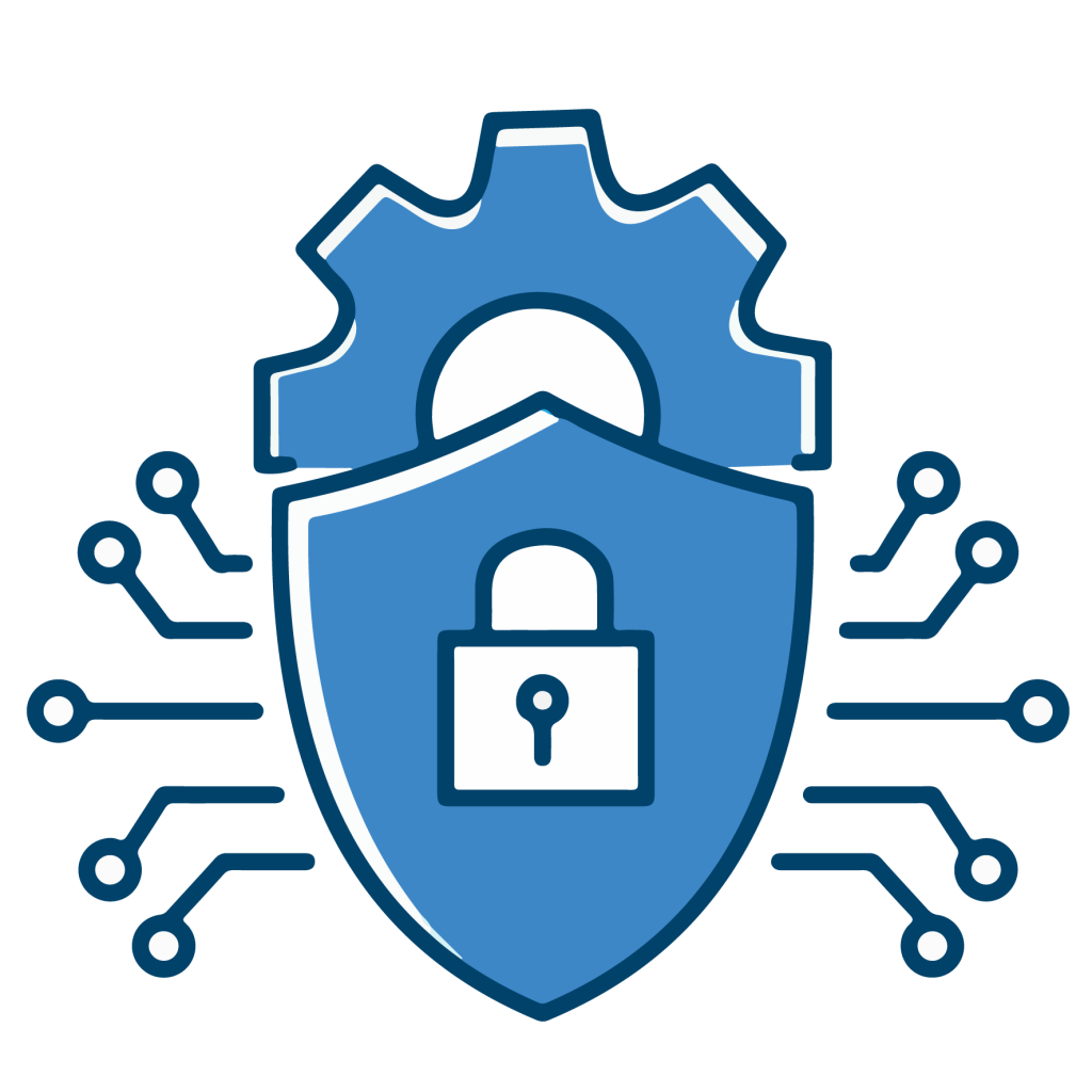 آیکون امنیت سایبری شامل سپر، قفل و چرخ‌دنده با خطوط شبکه