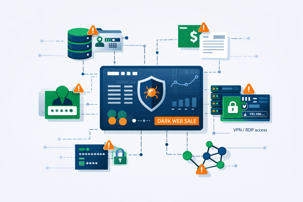 تصویر مفهومی از فروش اطلاعات سازمانی، دسترسی‌های VPN و RDP، دیتابیس‌ها و حساب‌های کاربری در دارک‌وب همراه با هشدارهای امنیتی